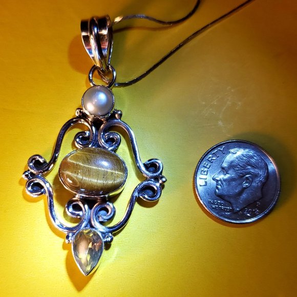 TIGER EYE CITRINE &PEARL STERLING SILVER PENDANT - Picture 3 of 6